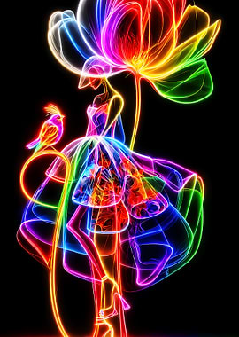 Neon Woman with Flower and Bird