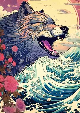 Wolf Amidst Waves and Flowers
