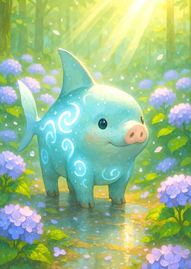 Cute Pig-Shark Creature in Hydrangeas