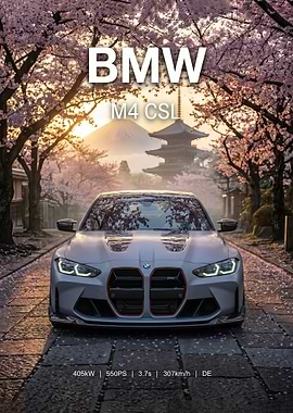 mate gray BMW M4 CSL with Mount Fuji poster