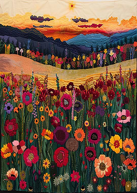 Vibrant Embroidered Floral Landscape