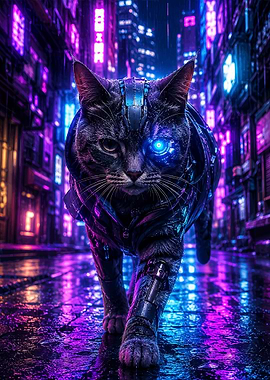 Cyberpunk Cat in Neon City
