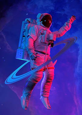 Neon Astronaut Floating Space Poster – Pink Blue Cosmic Wall Art, 3D Spaceman Print, Retro Sci-Fi Home Decor