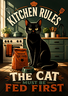 Black Cat in Kitchen Rules Poster