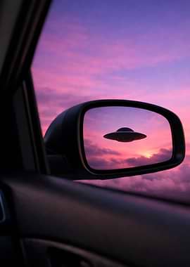 UFO in car mirror sunset
