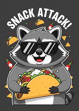 Snack Attack Raccoon Enjoys Giant Taco Feast in Fun Cartoon Style with Snack Mood! Fun!!!.