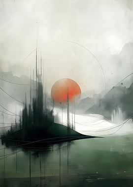 Abstract Futuristic Landscape with Red Sun