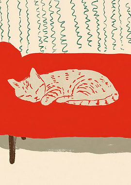 Cat Sleeping on a Red Couch