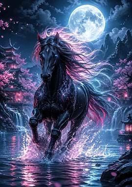Mythical Black Horse in Moonlit Japanese Garden