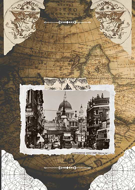 Vintage London cityscape with map background