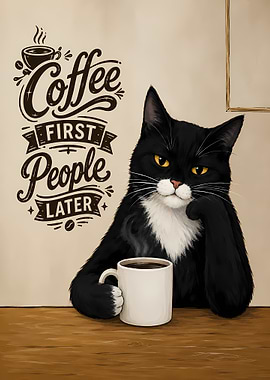 Black Cat with Coffee Coffee First People Later