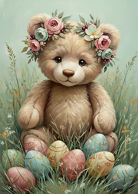 Teddy Bear with Easter Eggs and Flowers