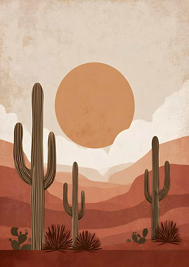 Desert Landscape with Cacti and Sun