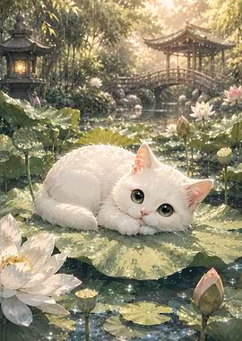 Cute white kitten in a Japanese garden