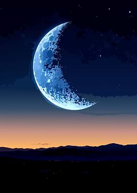 Crescent Moon Over Mountains