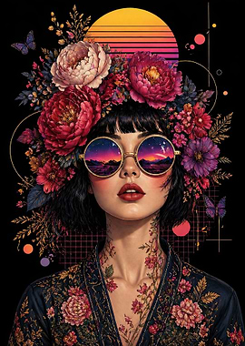 Woman with Floral Headdress and Retro Sunglasses