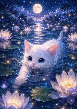 Cute Kitten in Moonlit Lotus Pond