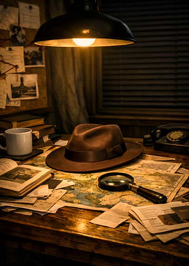 Detective's Desk with Fedora and Map