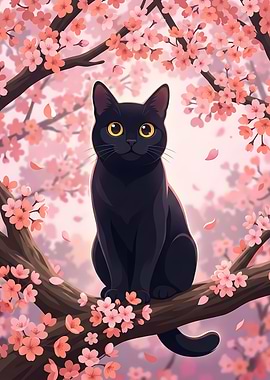 Black Cat Resting Under Pink Sakura