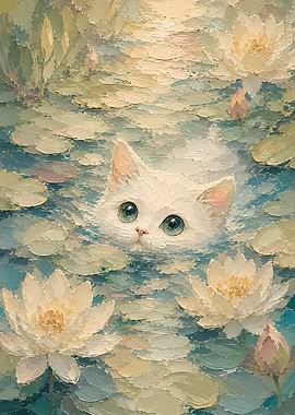 Cute Kitten in Water Lilies