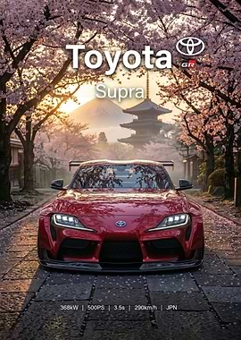 red jdm Toyota Supra with Mount Fuji