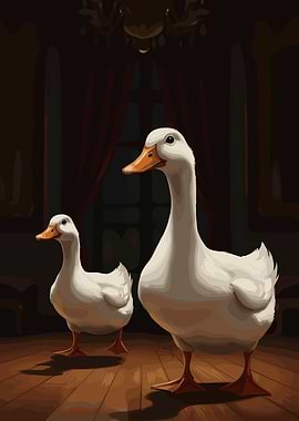 Two white ducks in a room