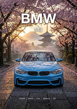 blue BMW M3 in Japanese Mount Fuji