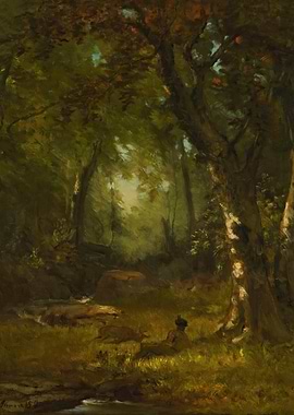 Forest Scene with Deer and Person