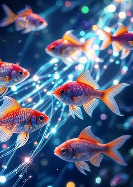 Goldfish swimming in glowing digital streams