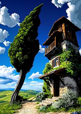 Rustic stone house with cypress tree