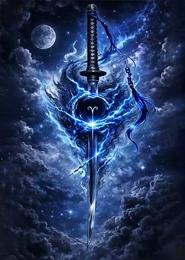 Aries Zodiac Sword in Cosmic Lightning
