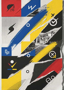 Abstract Torn Paper Collage with Bold Primary Strokes