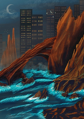 Cityscape Meets Rocky Coastline at Night