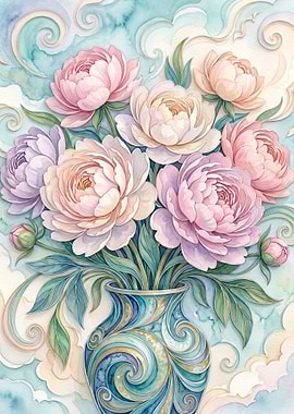 Watercolor Peonies in a Decorative Vase