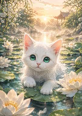 Cute White Kitten in Water Lilies