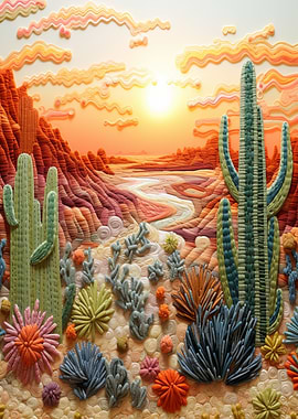 Embroidery Desert Landscape at Sunset