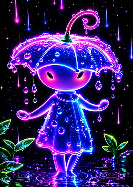 Neon Character with Umbrella in Space