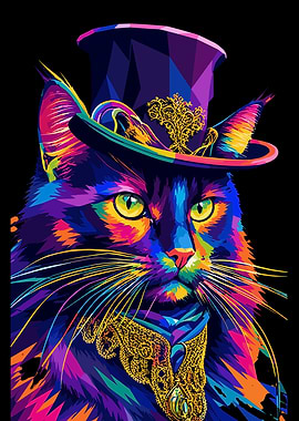 Colorful Cat Wearing a Top Hat