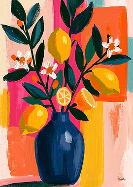 Vivid Fauvist Citrus Bouquet Expressive Floral Wall Art