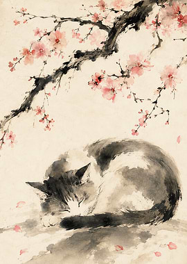 Sleeping Cat Under Cherry Blossoms