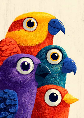 Four Colorful Cartoon Parrots