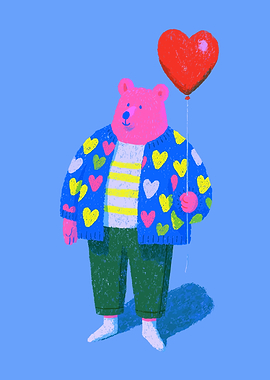 Pink Bear Holding a Heart Balloon