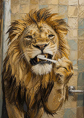 Lion Brushing Teeth in Bathroom