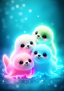 Four Cute Seals in Neon Colors