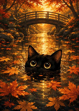 Black Cat in Autumn Stream