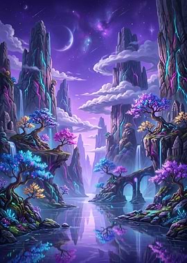 Enchanted Fantasy Landscape with Glowing Flora