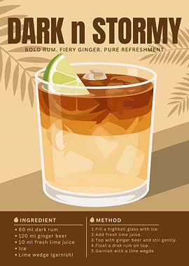 Dark ’n Stormy Cocktail Poster – Minimalist Rum & Ginger Beer Art in Tropical Retro Style