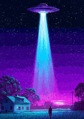 Retro UFO Poster, Flying Saucer Sci Fi Wall Art, Alien Abduction Night Sky Print
