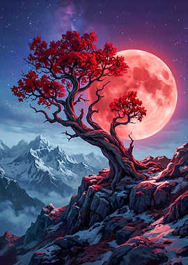 Crimson Tree Under a Blood Moon