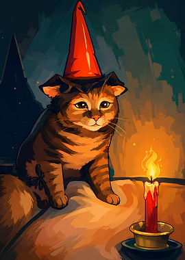 Sad Cat in a Wizard Hat by Candlelight